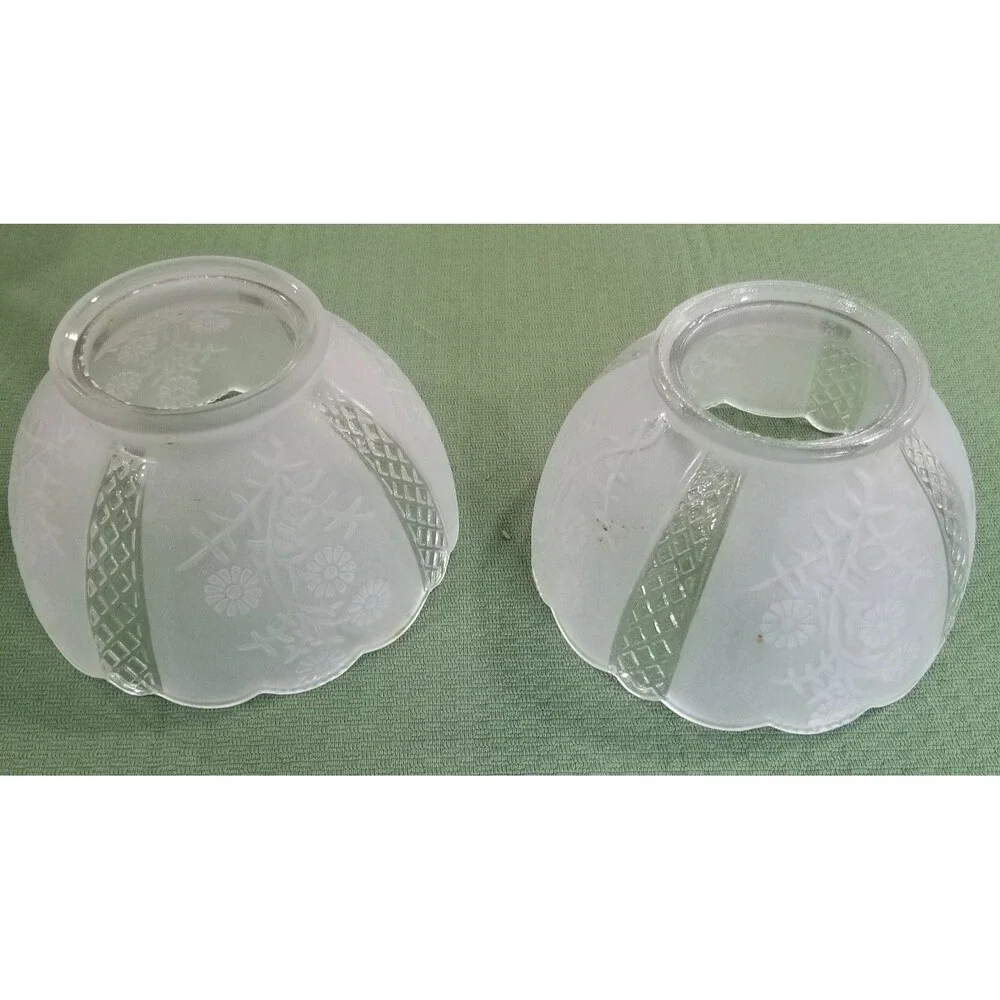 Vintage Frosted Glass Lamp Shades Pair – Floral & Diamond Pattern
